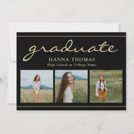 Elegant Script Black Gold Three Photo Afstuderen Kaart
