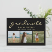 Elegant Script Black Gold Three Photo Afstuderen Kaart (Staand voorkant)