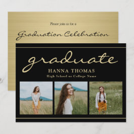 Elegant Script Black Gold Three Photo Afstuderen Kaart