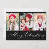 Elegant Script Black Merry kerst 3 Foto Feestdagenkaart (Voorkant)