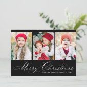 Elegant Script Black Merry kerst 3 Foto Feestdagenkaart (Staand voorkant)