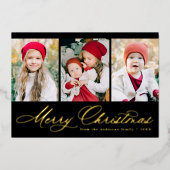 Elegant Script Black Merry kerst 3 Foto Folie Feestdagenkaart (Voorkant)
