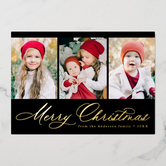 Elegant Script Black Merry kerst 3 Foto Folie Feestdagenkaart (Voorkant)