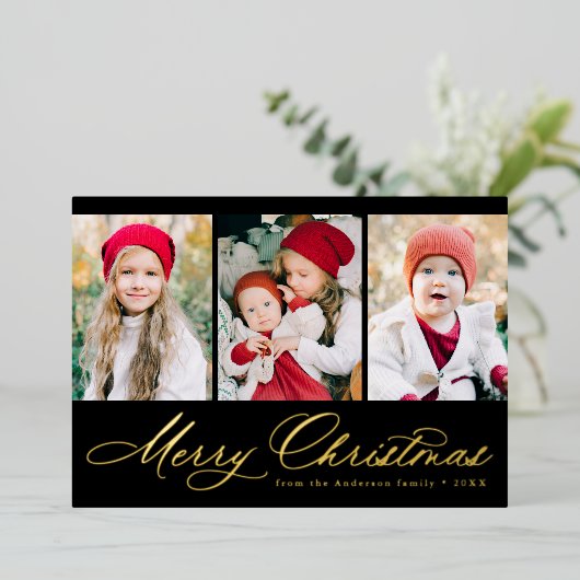 Elegant Script Black Merry kerst 3 Foto Folie Feestdagenkaart (Staand Voorkant)