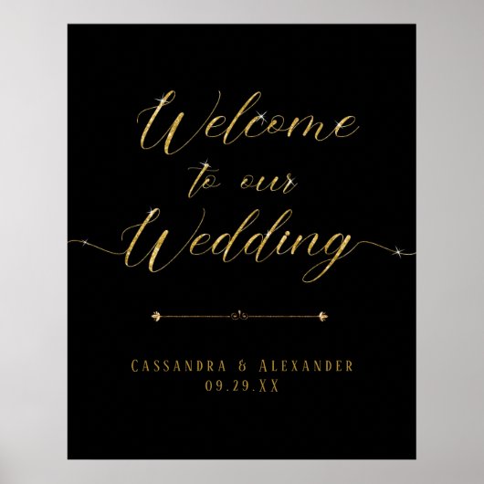 Elegant Script Black n Gold Welkom bij ons huwelij Poster (Voorkant)