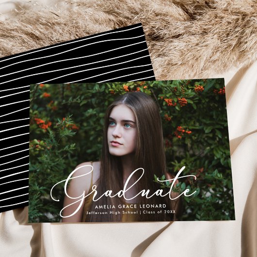 Elegant Script Black Photo Afstuderen Aankondiging