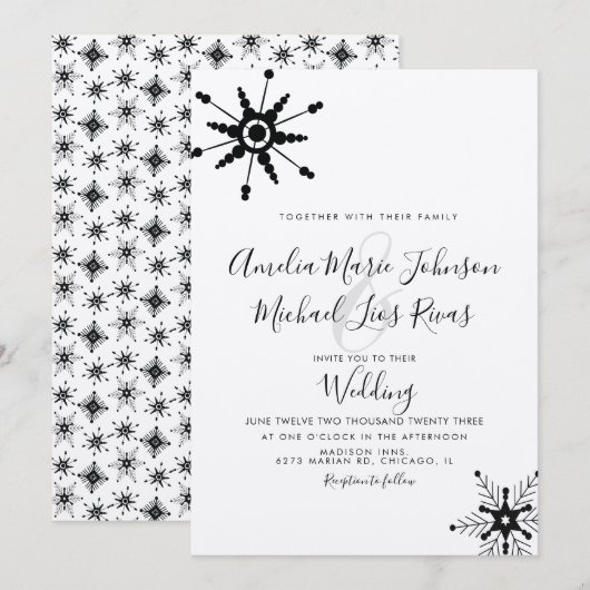 Elegant Script Black Snowflakes kerstbruiloft Kaart (Voorkant / Achterkant)
