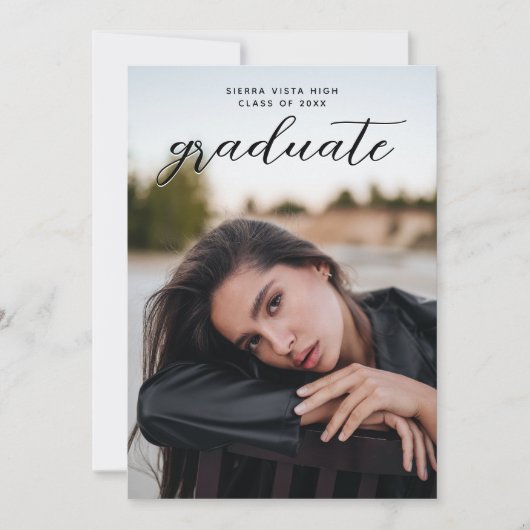 Elegant Script Black Two Photo Afstuderen Kaart (Voorkant)