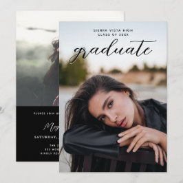 Elegant Script Black Two Photo Afstuderen Kaart