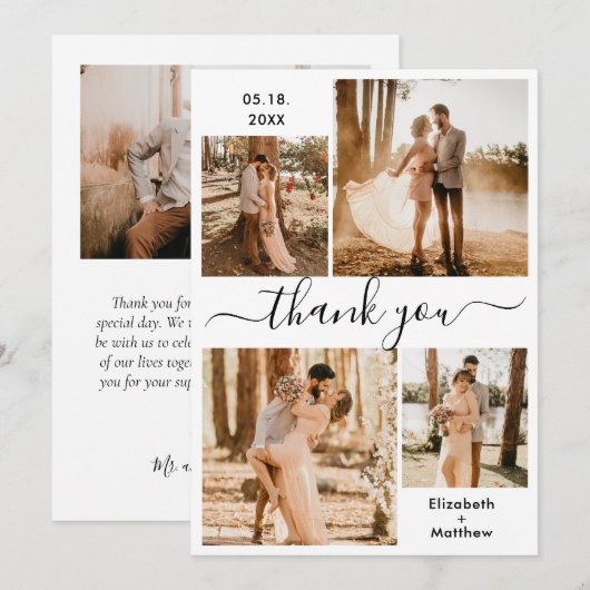 Elegant Script Black White 4 Photo Collage Wedding Bedankkaart (Voorkant / Achterkant)