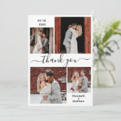 Elegant Script Black White 4 Photo Collage Wedding Bedankkaart (Staand voorkant)