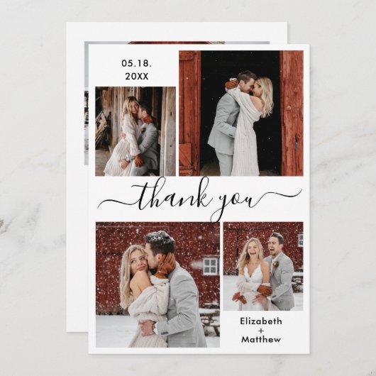 Elegant Script Black White 4 Photo Collage Wedding Bedankkaart (Voorkant / Achterkant)