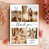 Elegant Script Black White 4 Photo Collage Wedding Bedankkaart