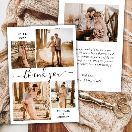 Elegant Script Black White 4 Photo Collage Wedding Bedankkaart
