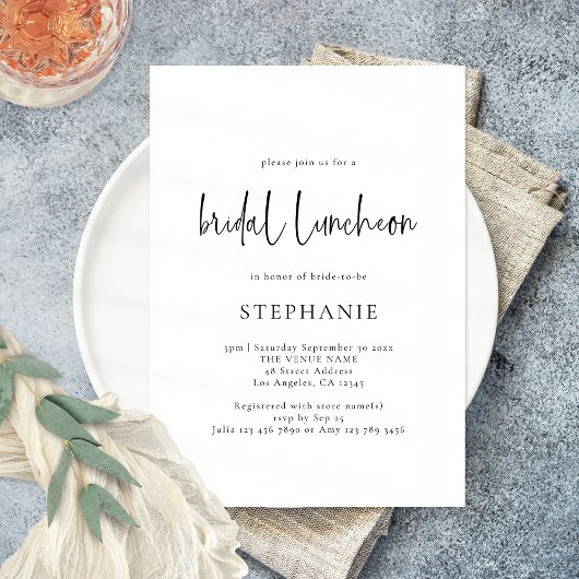 Elegant Script Black White Bridal Luncheon Shower Kaart