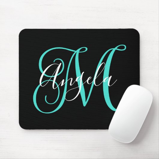 Elegant Script Black White en Turquoise Monogram Muismat (Met muis)