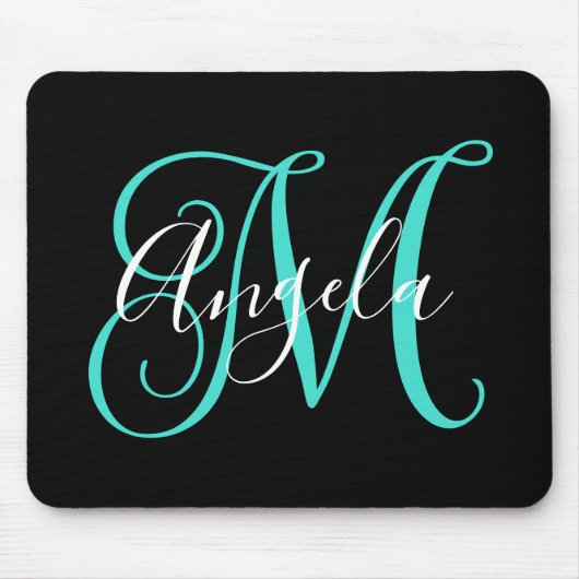 Elegant Script Black White en Turquoise Monogram Muismat (Voorkant)