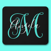 Elegant Script Black White en Turquoise Monogram Muismat