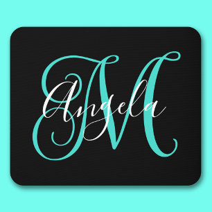 Elegant Script Black White en Turquoise Monogram Muismat