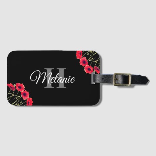 Elegant Script Black White Girly Floral Monogram Bagagelabel (Voorkant (horizontaal))