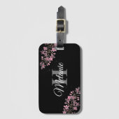 Elegant Script Black White Girly Floral Monogram Bagagelabel (Voorkant (verticaal))
