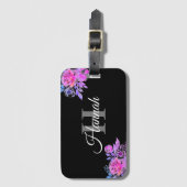 Elegant Script Black White Girly Floral Monogram Bagagelabel (Voorkant (verticaal))