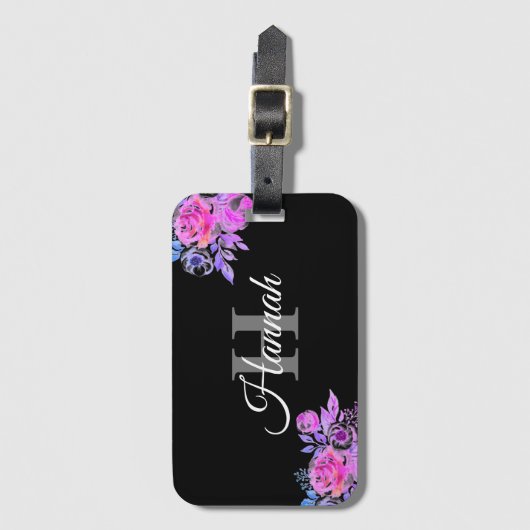 Elegant Script Black White Girly Floral Monogram Bagagelabel (Voorkant (verticaal))