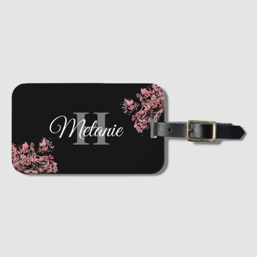 Elegant Script Black White Girly Floral Monogram Bagagelabel (Voorkant (horizontaal))
