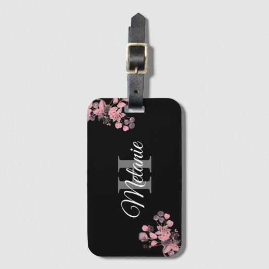 Elegant Script Black White Girly Floral Monogram L Bagagelabel (Voorkant (verticaal))