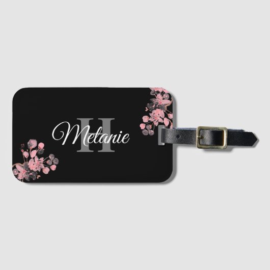 Elegant Script Black White Girly Floral Monogram L Bagagelabel (Voorkant (horizontaal))