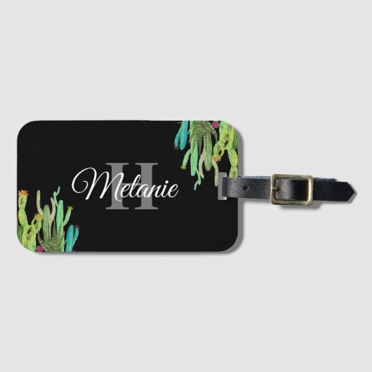 Elegant Script Black White Girly Floral Monogram L Bagagelabel (Voorkant (horizontaal))