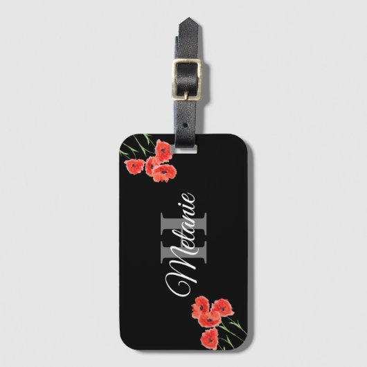 Elegant Script Black White Girly Floral Monogram L Bagagelabel (Voorkant (verticaal))