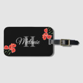 Elegant Script Black White Girly Floral Monogram L Bagagelabel (Voorkant (horizontaal))