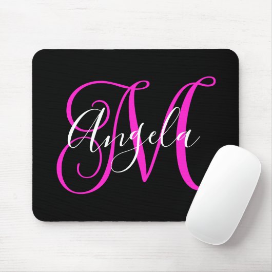 Elegant Script Black White Hot Magenta Monogram Muismat (Met muis)
