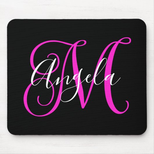 Elegant Script Black White Hot Magenta Monogram Muismat (Voorkant)