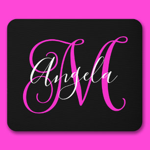Elegant Script Black White Hot Magenta Monogram Muismat