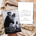 Elegant Script Black White Photo Wedding Thank Bedankkaart<br><div class="desc">Minimalist, Stylish, Elegant Script Black White Photo Wedding Thank You Card. Thank your guests with this elegant minimalist wedding photo thank you card. Featuring a clean layout, refined calligraphy, and a timeless black and white aesthetic, it’s perfect for modern and classic wedding styles alike. At the back side a pretty...</div>