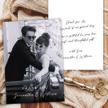 Elegant Script Black White Photo Wedding Thank Bedankkaart<br><div class="desc">Minimalist, Elegant, Stylish Script Black White Photo Wedding Thank You Card. Thank your guests with this elegant minimalist wedding photo thank you card. Featuring a clean layout, refined calligraphy, and a timeless black and white aesthetic, it’s perfect for modern and classic wedding styles alike. At the back side a pretty...</div>