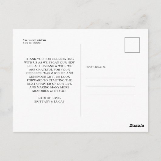 Elegant Script Black White Weddenschap Bedankt Briefkaart (Achterkant)