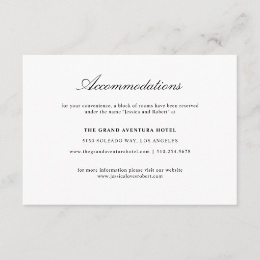 Elegant Script Black White Wedding Accommodations Informatiekaartje (Voorkant)