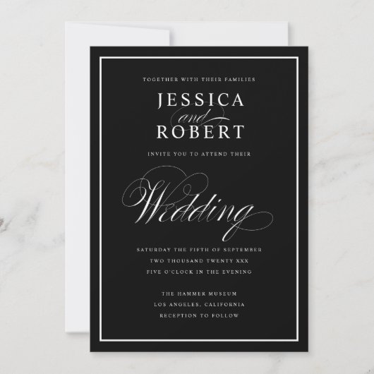 Elegant Script Black & White Wedding Black Kaart (Voorkant)
