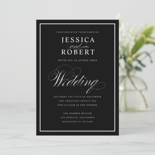 Elegant Script Black & White Wedding Black Kaart (Staand voorkant)