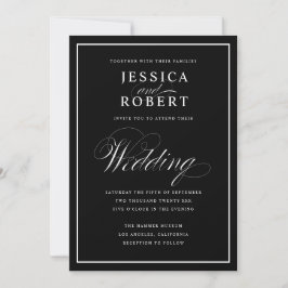 Elegant Script Black & White Wedding Black Kaart