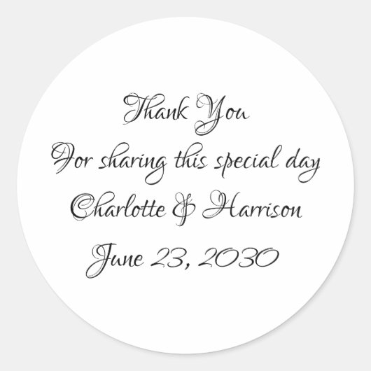 Elegant script black white Wedding gift Ronde Sticker (Voorkant)