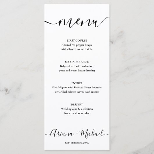 Elegant Script Black white Wedding Menu (Voorkant)