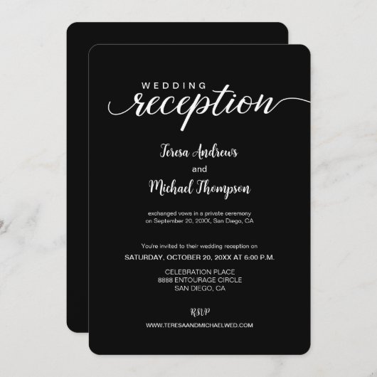 Elegant script Black White Wedding Reception only Kaart (Voorkant / Achterkant)