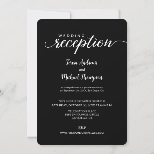 Elegant script Black White Wedding Reception only Kaart (Voorkant)