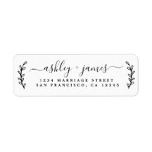 Elegant Script Black White Wedding Return Address