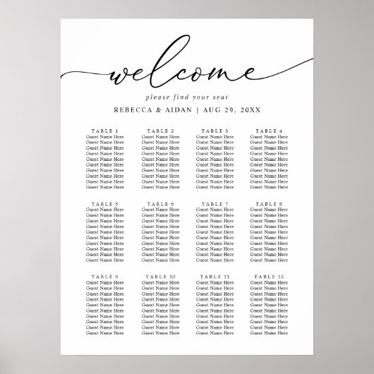 Elegant Script Black & White Wedding Seding Chart Poster (Voorkant)