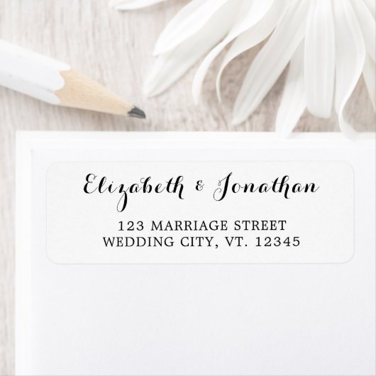 Elegant Script Black White Weduwadres Label (Insitu)